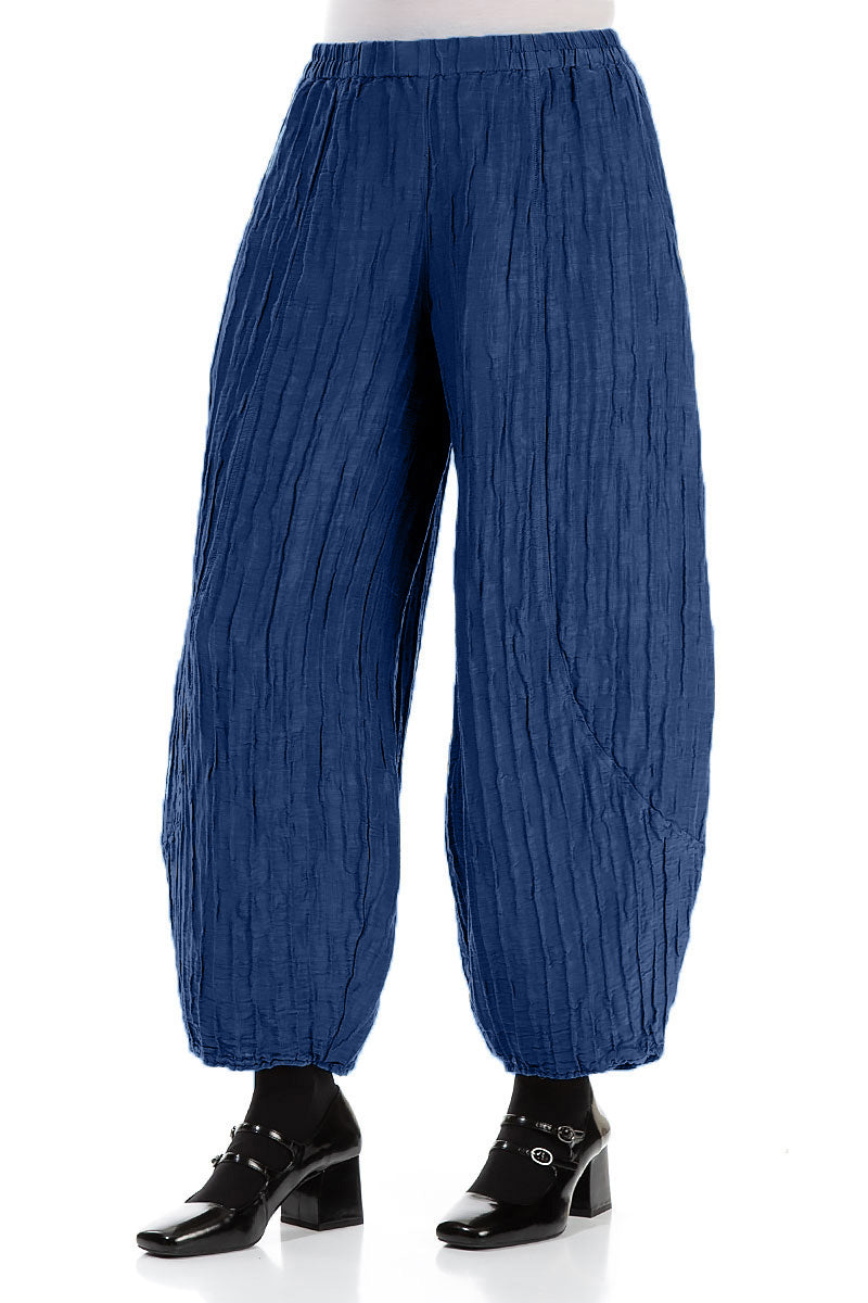 Taper Crinkled Royal Blue Silk Linen Trousers 3