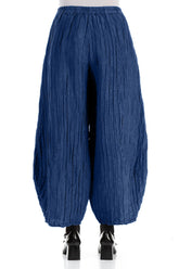Taper Crinkled Royal Blue Silk Linen Trousers 2