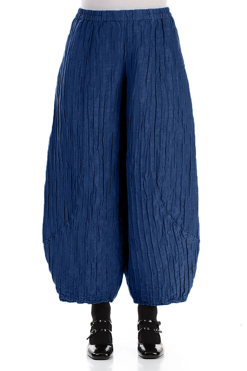 Taper Crinkled Royal Blue Silk Linen Trousers 1