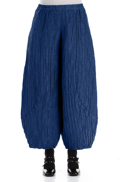 Taper Crinkled Royal Blue Silk Linen Trousers 1