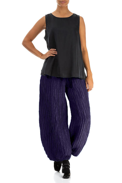 Taper Crinkled Royal Purple Silk Linen Trousers 4