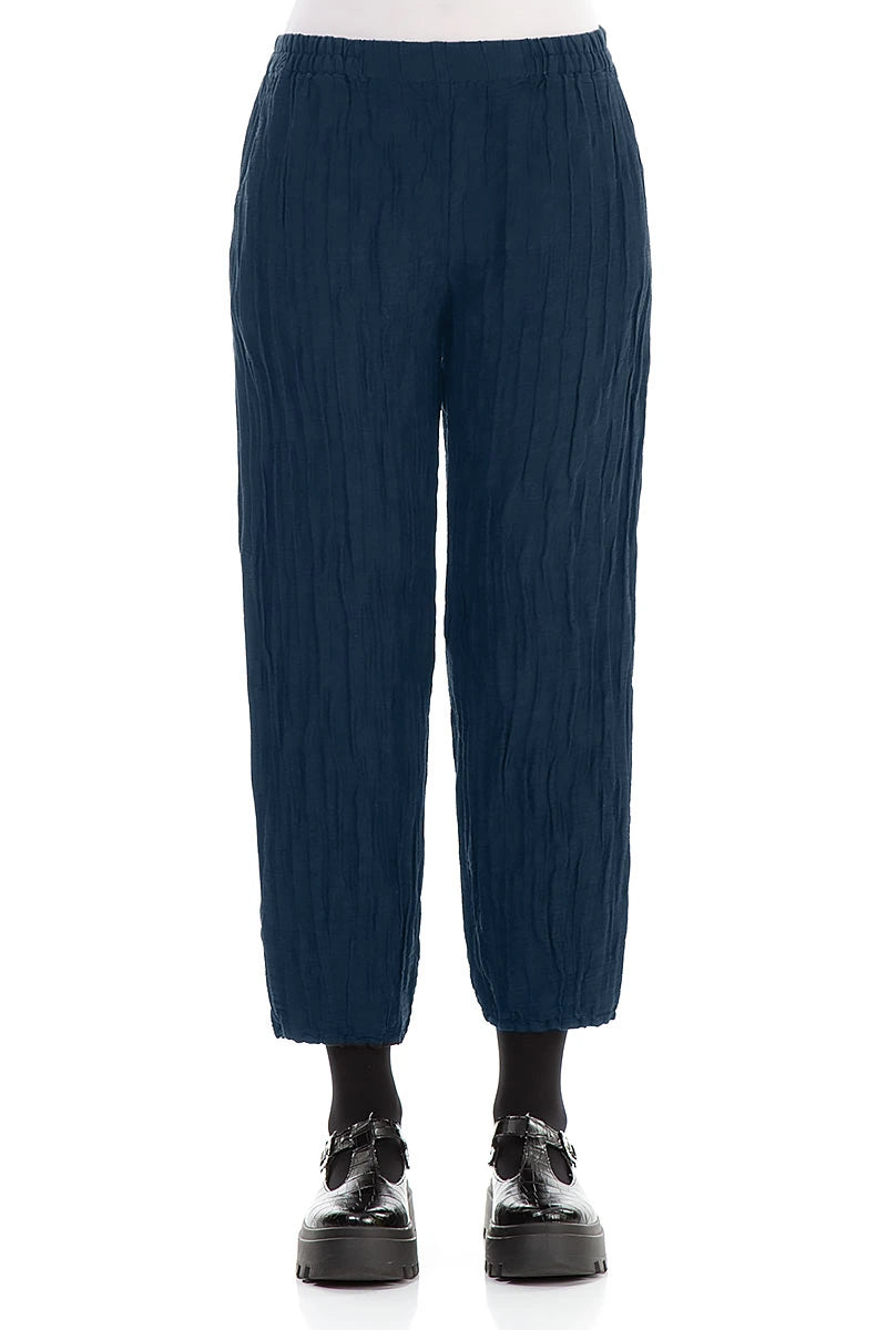 Taper Cropped Crinkled Royal Blue Silk Linen Trousers 1
