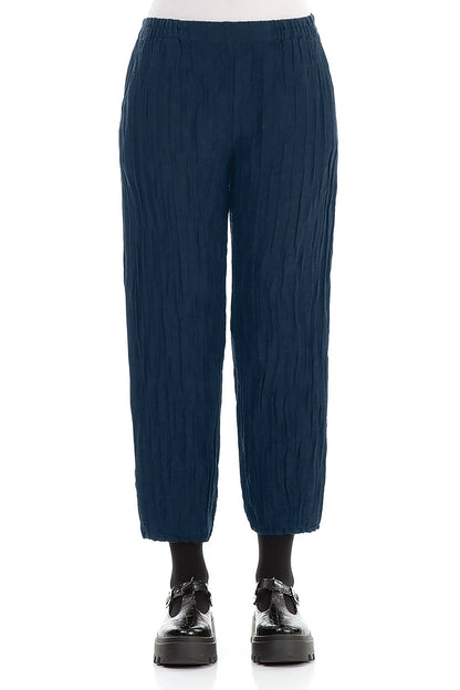 Taper Cropped Crinkled Royal Blue Silk Linen Trousers 1