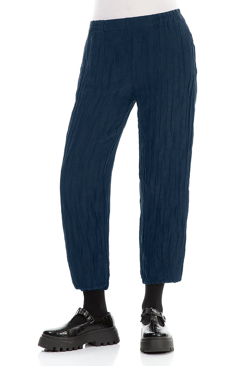 Taper Cropped Crinkled Royal Blue Silk Linen Trousers 3