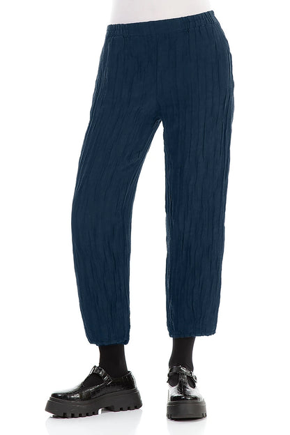 Taper Cropped Crinkled Royal Blue Silk Linen Trousers 3