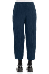 Taper Cropped Crinkled Royal Blue Silk Linen Trousers 2