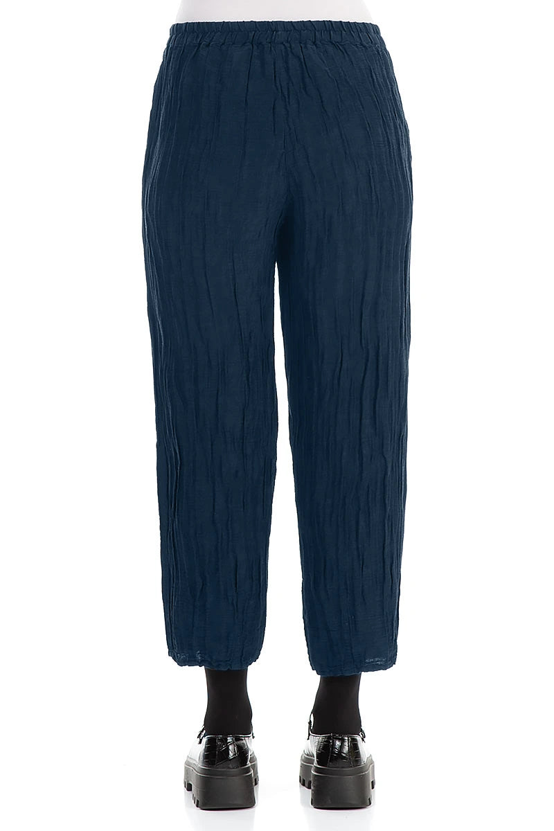 Taper Cropped Crinkled Royal Blue Silk Linen Trousers 2