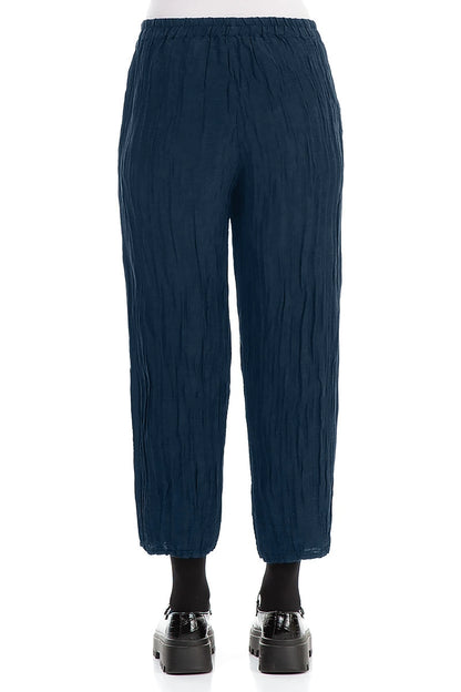 Taper Cropped Crinkled Royal Blue Silk Linen Trousers 2