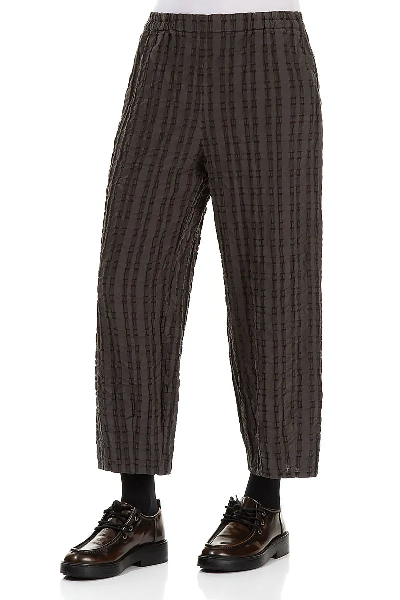 Taper Forest Brown Checkered Linen Cotton Trousers 3
