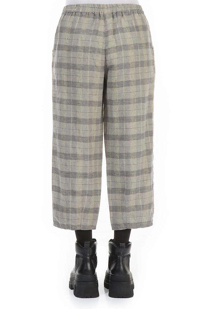 Tapered Greige Check Linen Trousers