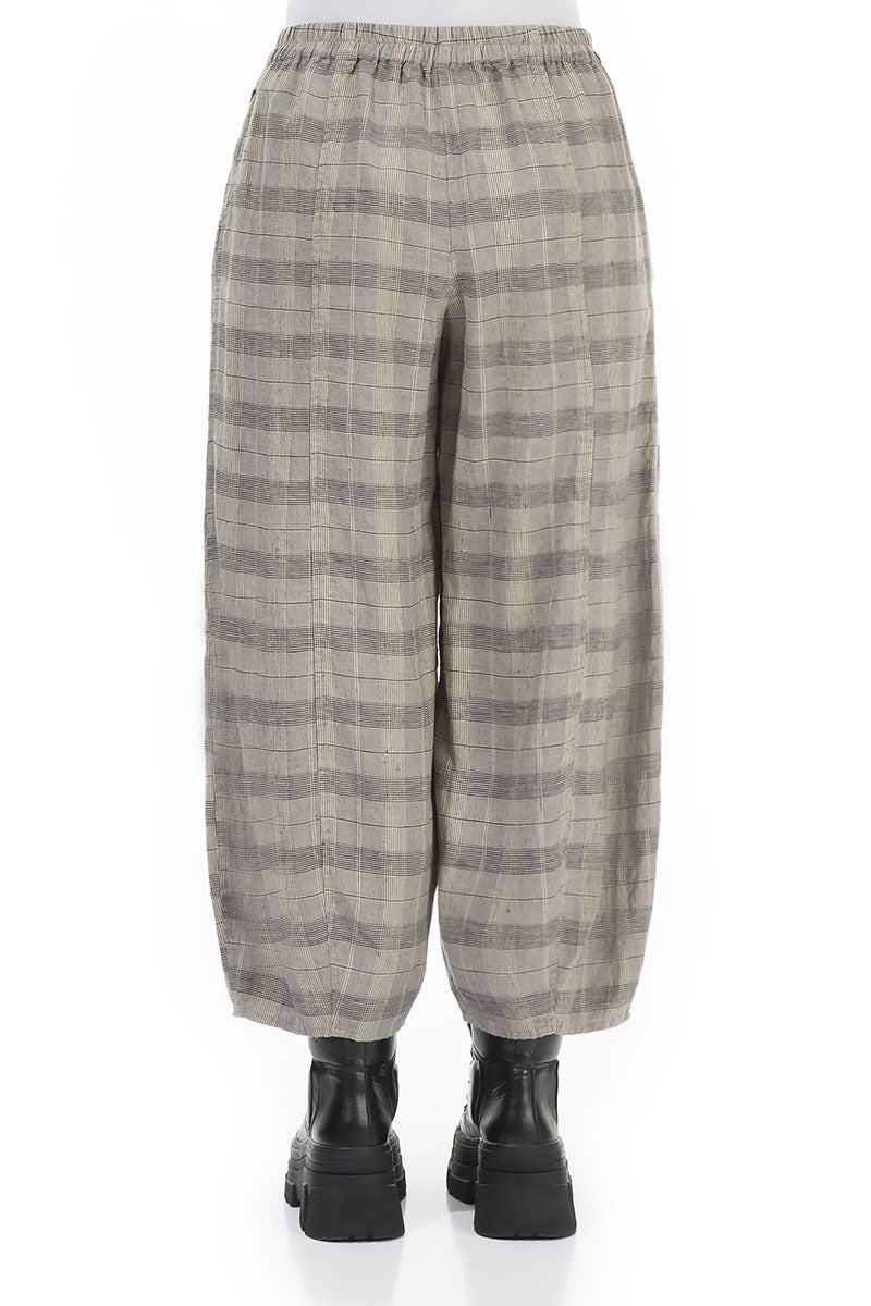 Taper Greige Check Linen Trousers