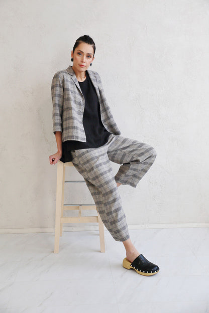 Tapered Greige Check Linen Trousers