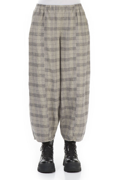 Taper Greige Check Linen Trousers