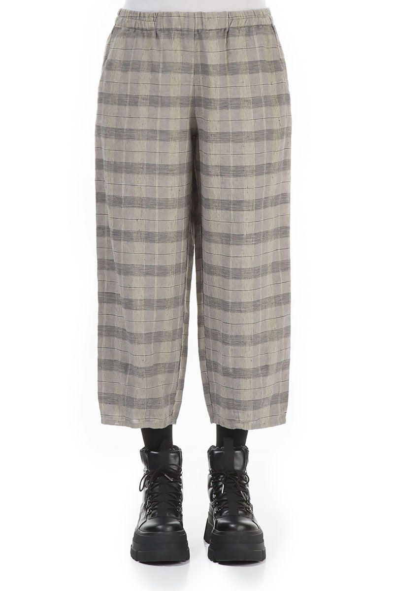 Tapered Greige Check Linen Trousers