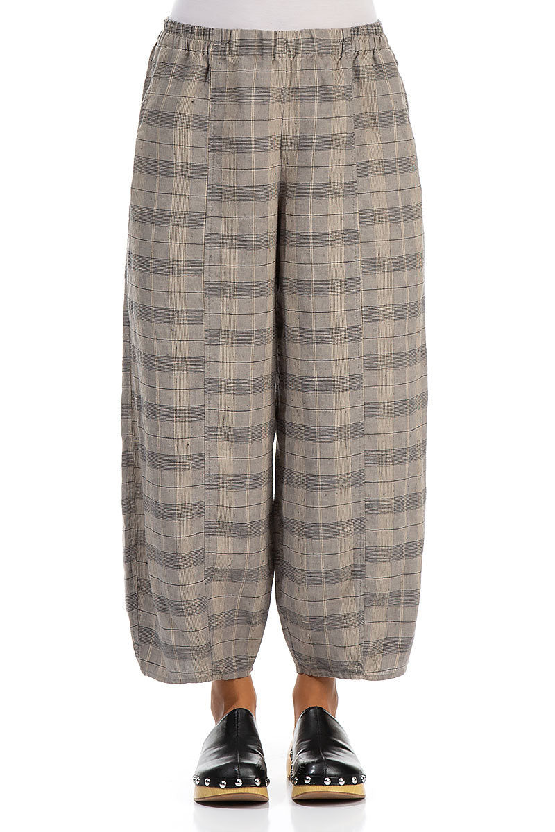 Taper Greige Check Linen Trousers