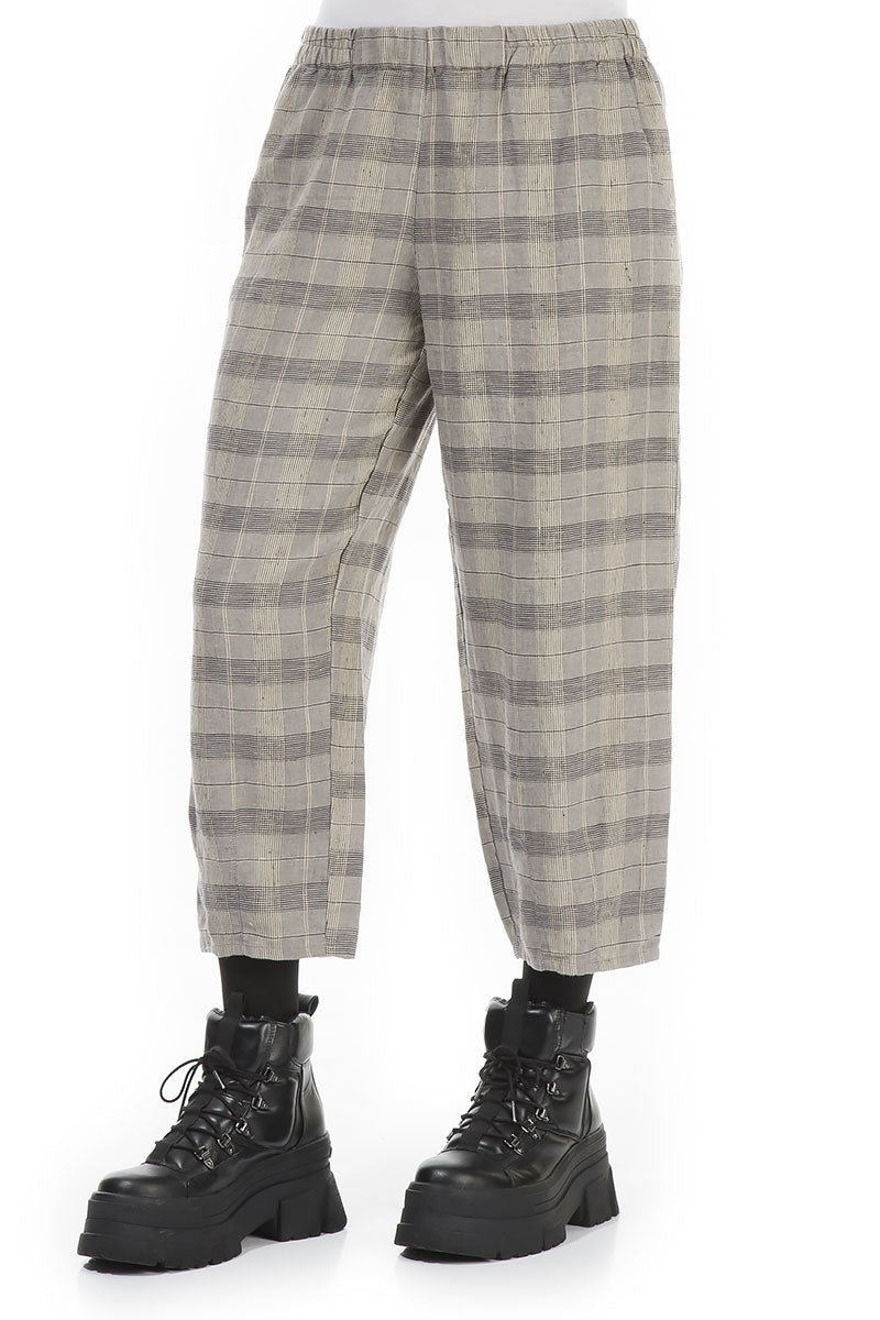 Tapered Greige Check Linen Trousers