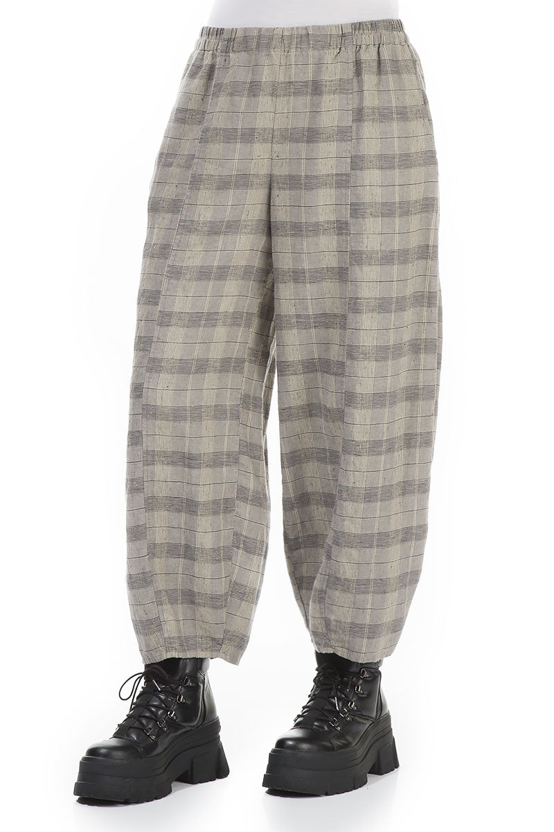 Taper Greige Check Linen Trousers