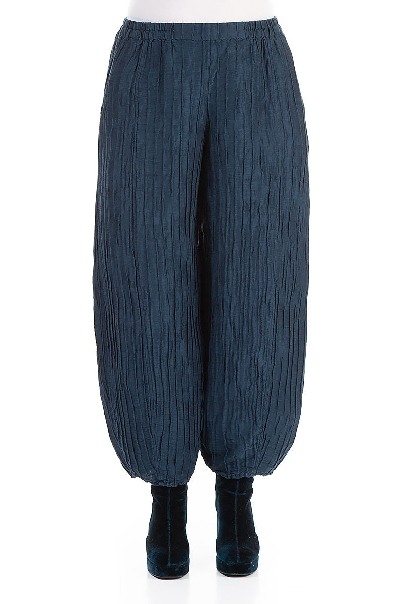Taper Crinkled Navy Silk Trousers