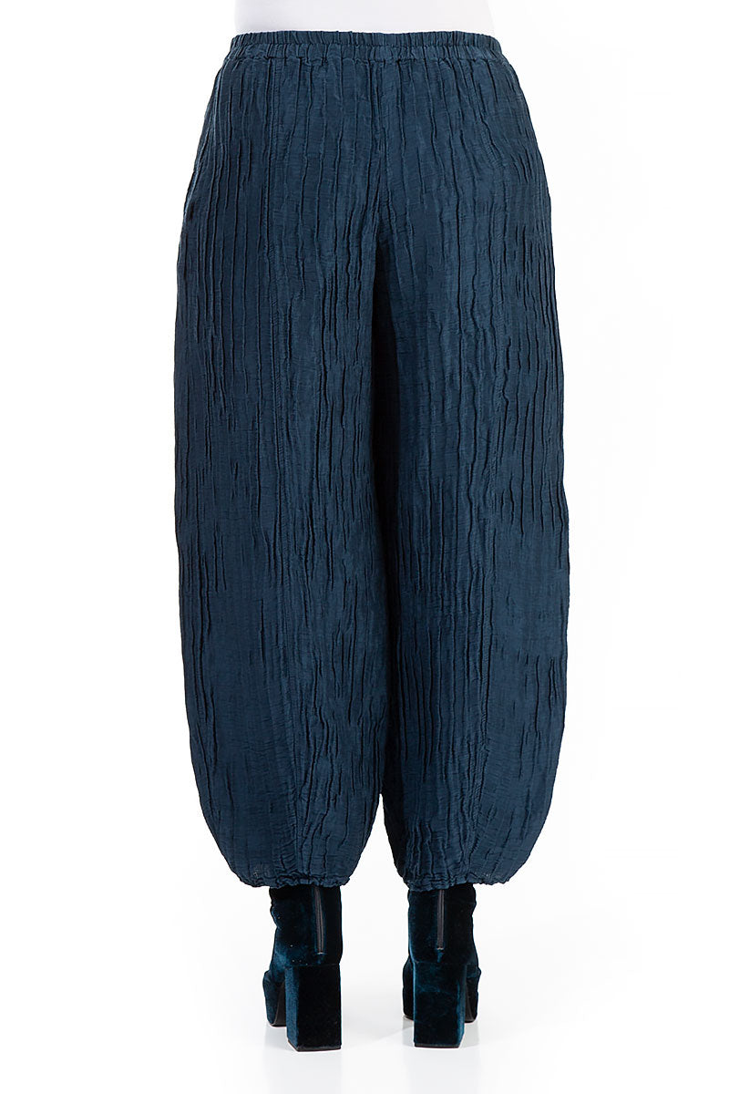 Taper Crinkled Navy Silk Trousers