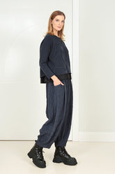 Taper Pleated Slate Blue Silk Linen Trousers 6