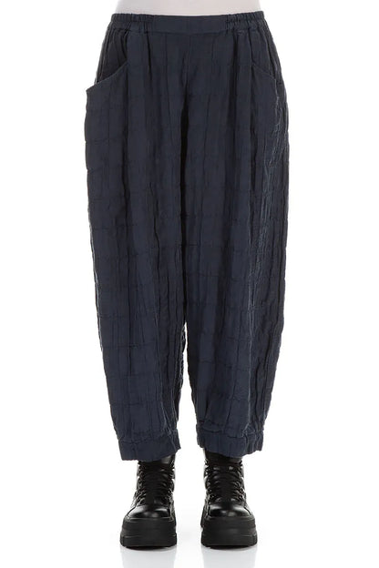 Taper Pleated Slate Blue Silk Linen Trousers 1