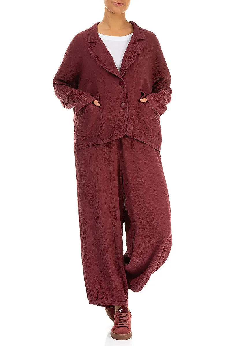 Taper Tie Up Antique Ruby Linen Viscose Trousers 4