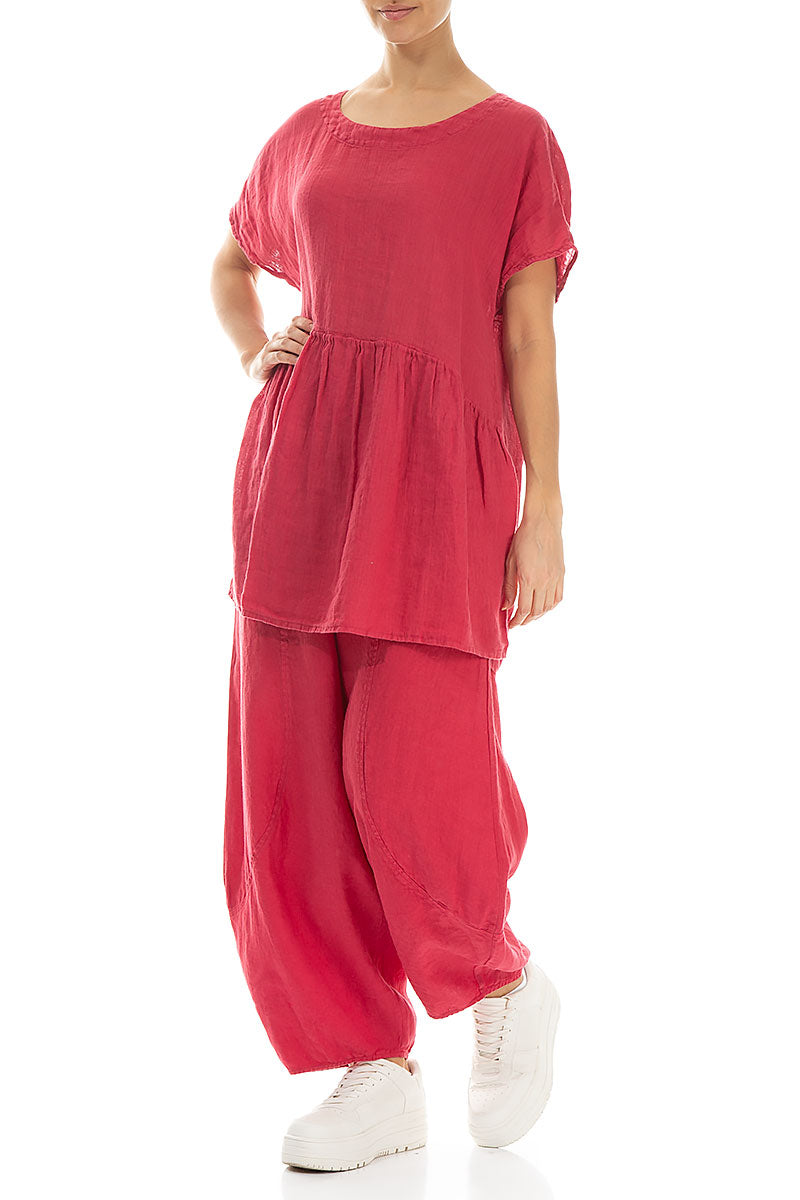 Taper Wide Raspberry Linen Trousers 4