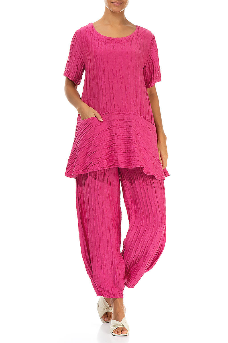 Tapered Barrel Fuchsia Crinkled Silk Linen Trousers 4