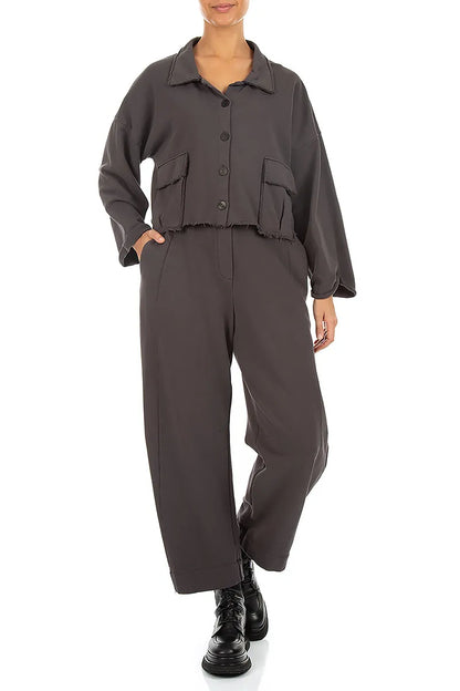Tapered Charcoal French Terry Cotton Trousers 4