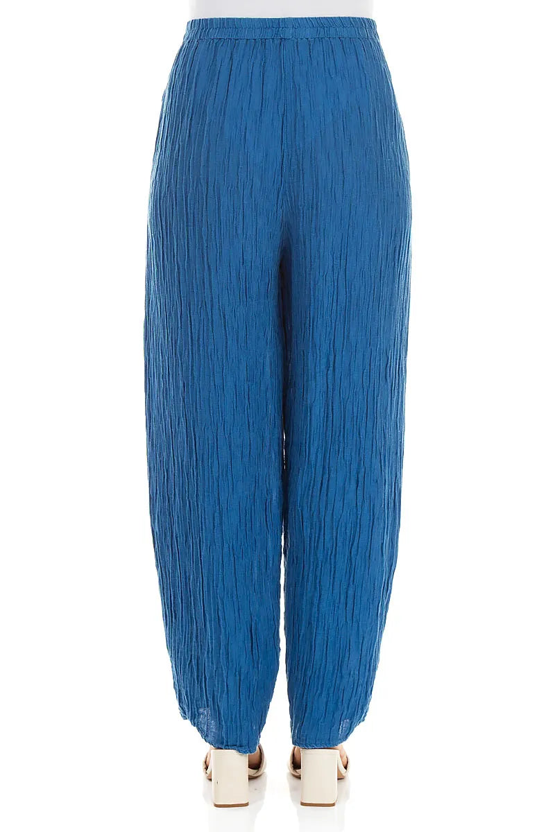 Tapered Cobalt Blue Crinkled Silk Trousers