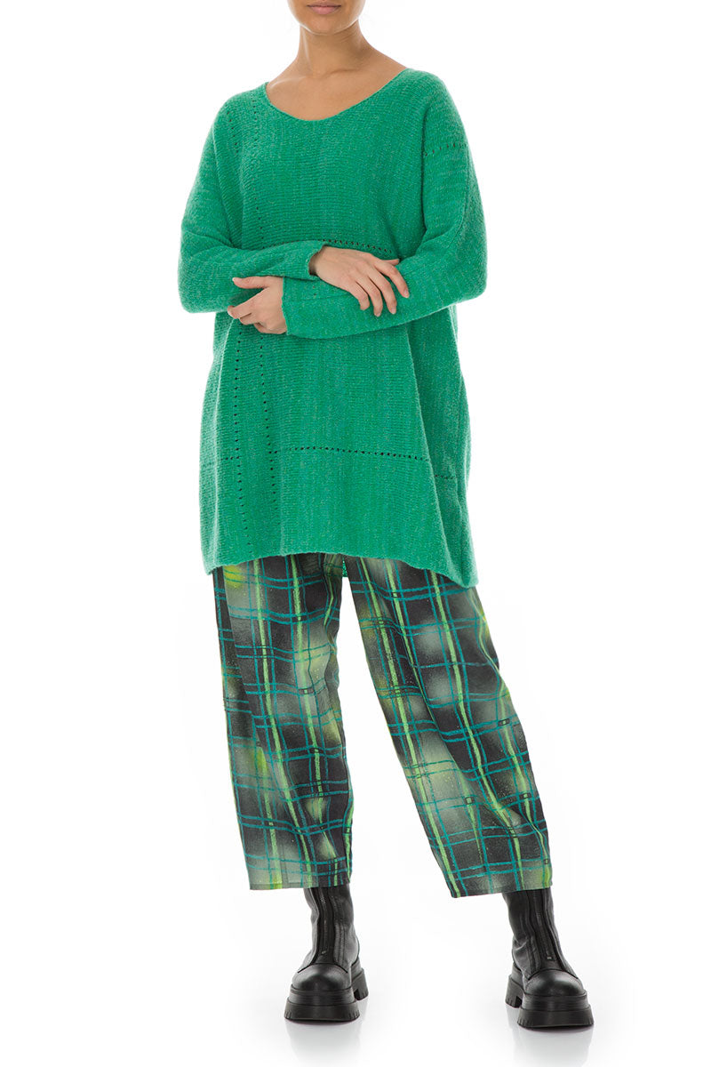 Tapered Emerald Grid Silk Linen Trousers 4