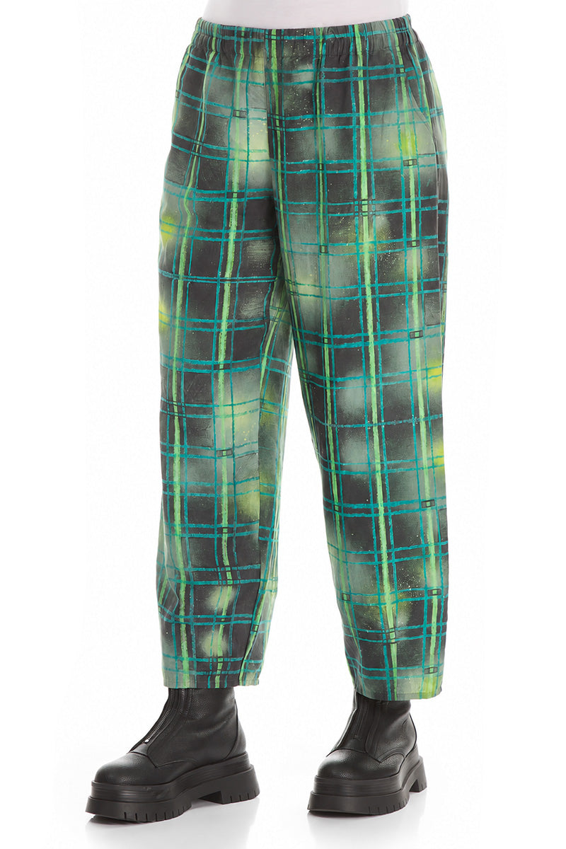 Tapered Emerald Grid Silk Linen Trousers 3
