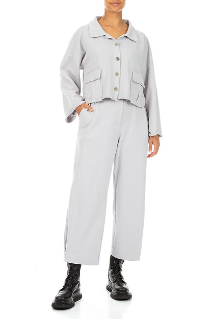 Tapered Pearl Grey French Terry Cotton Trousers