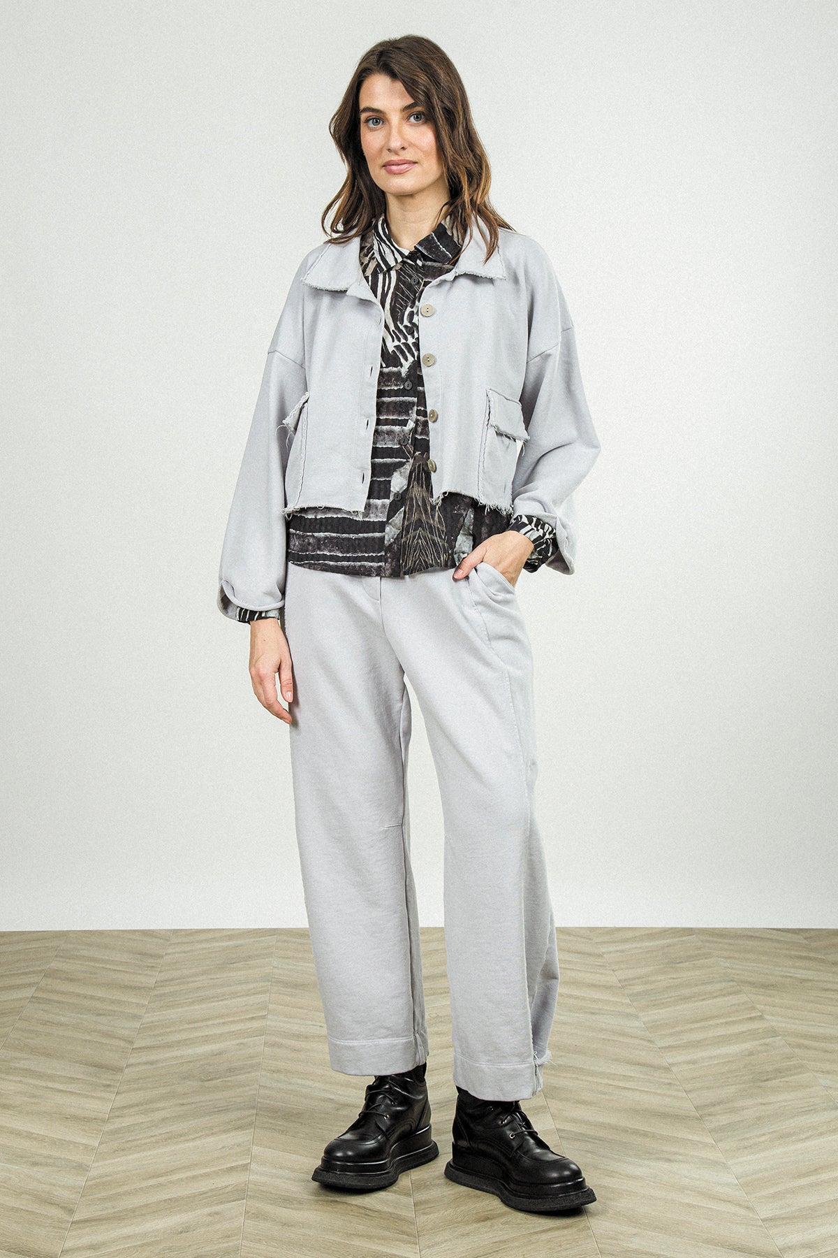 Tapered Pearl Grey French Terry Cotton Trousers