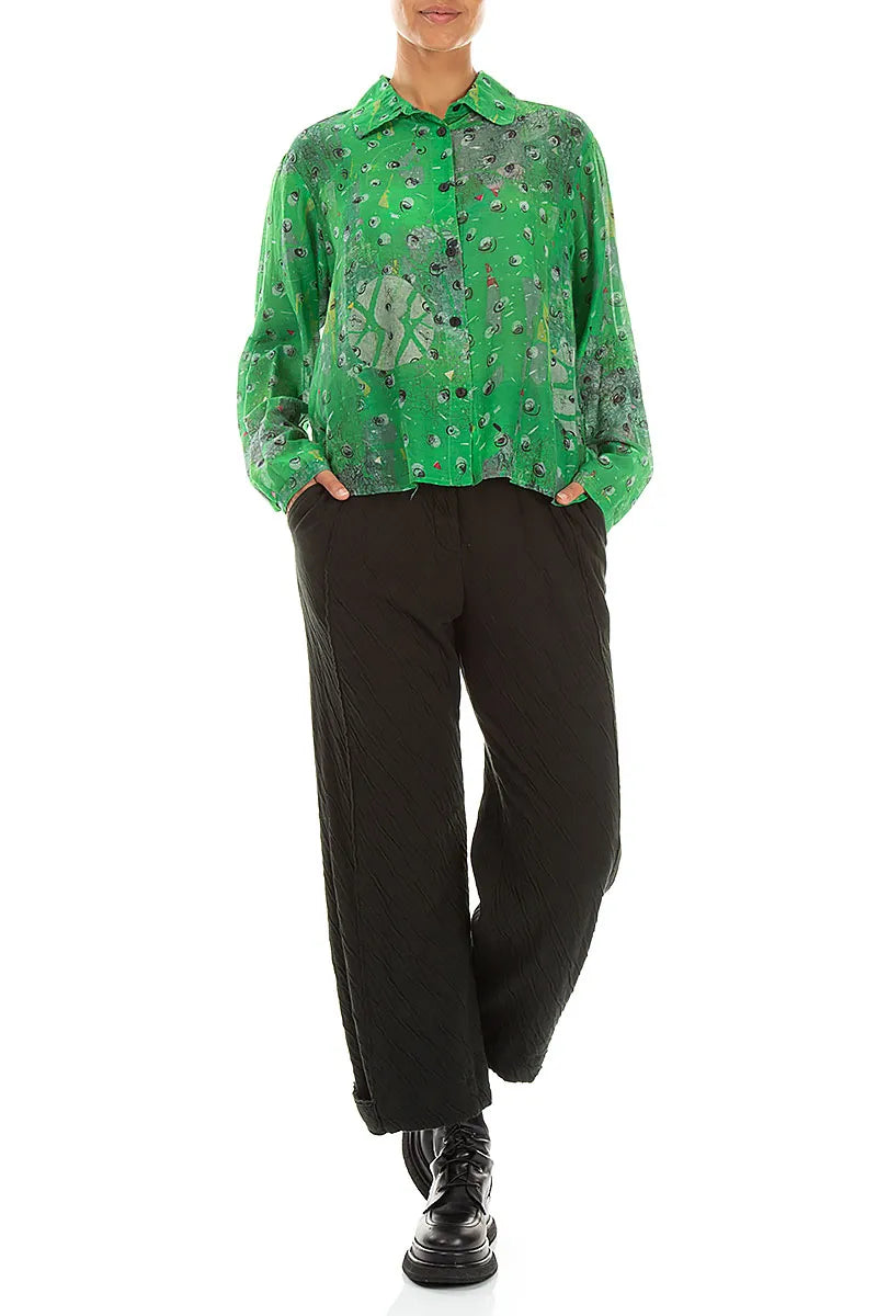 Tapered Shamrock Green Wavy Cotton Trousers 4