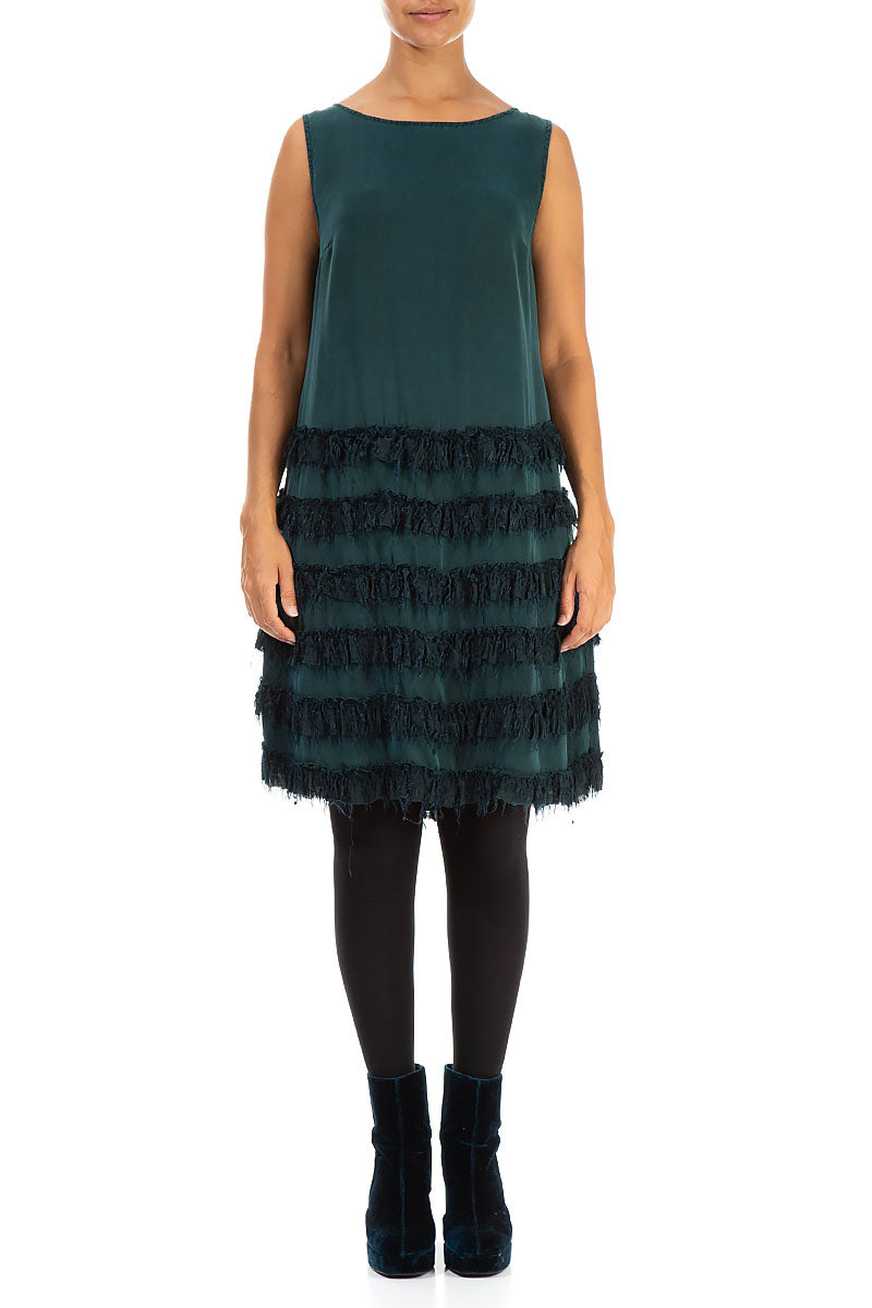 Teal Fringe Silk Dress