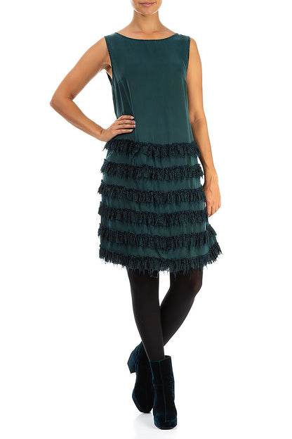 Teal Fringe Silk Dress