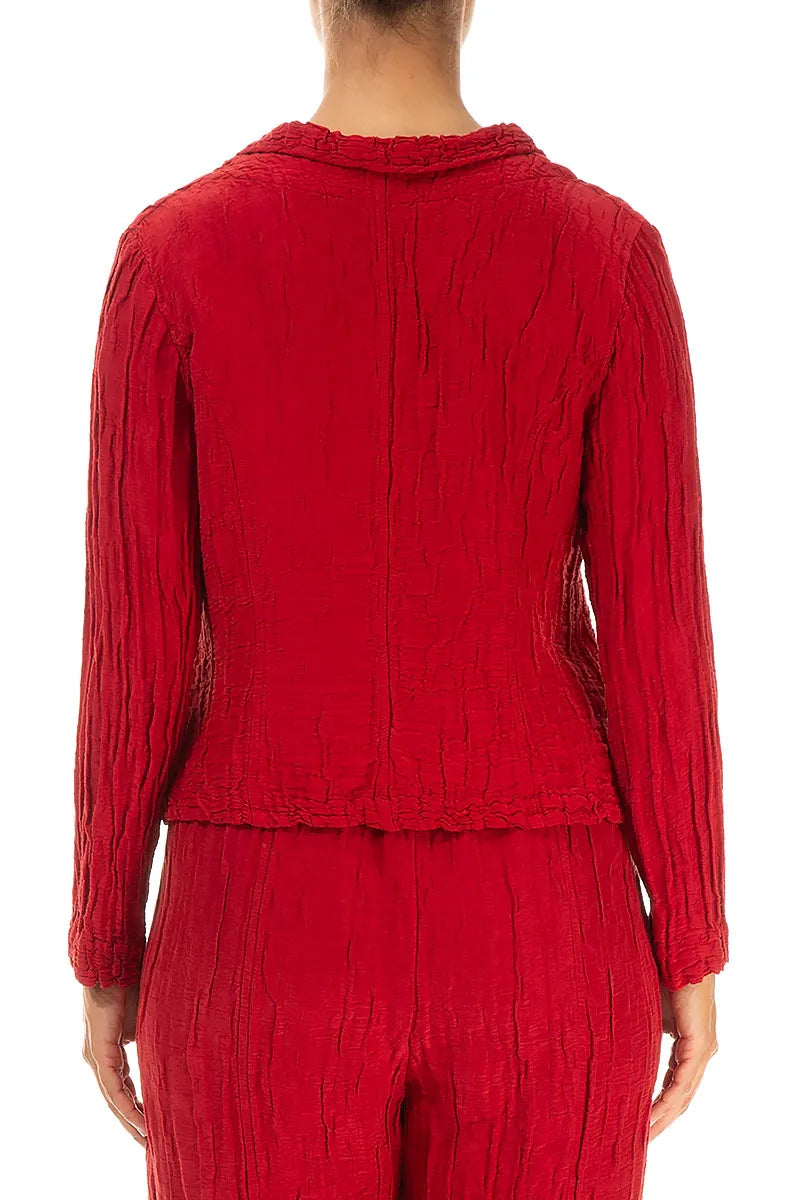 Textured Collar Crinkled Red Silk Linen Jacket
