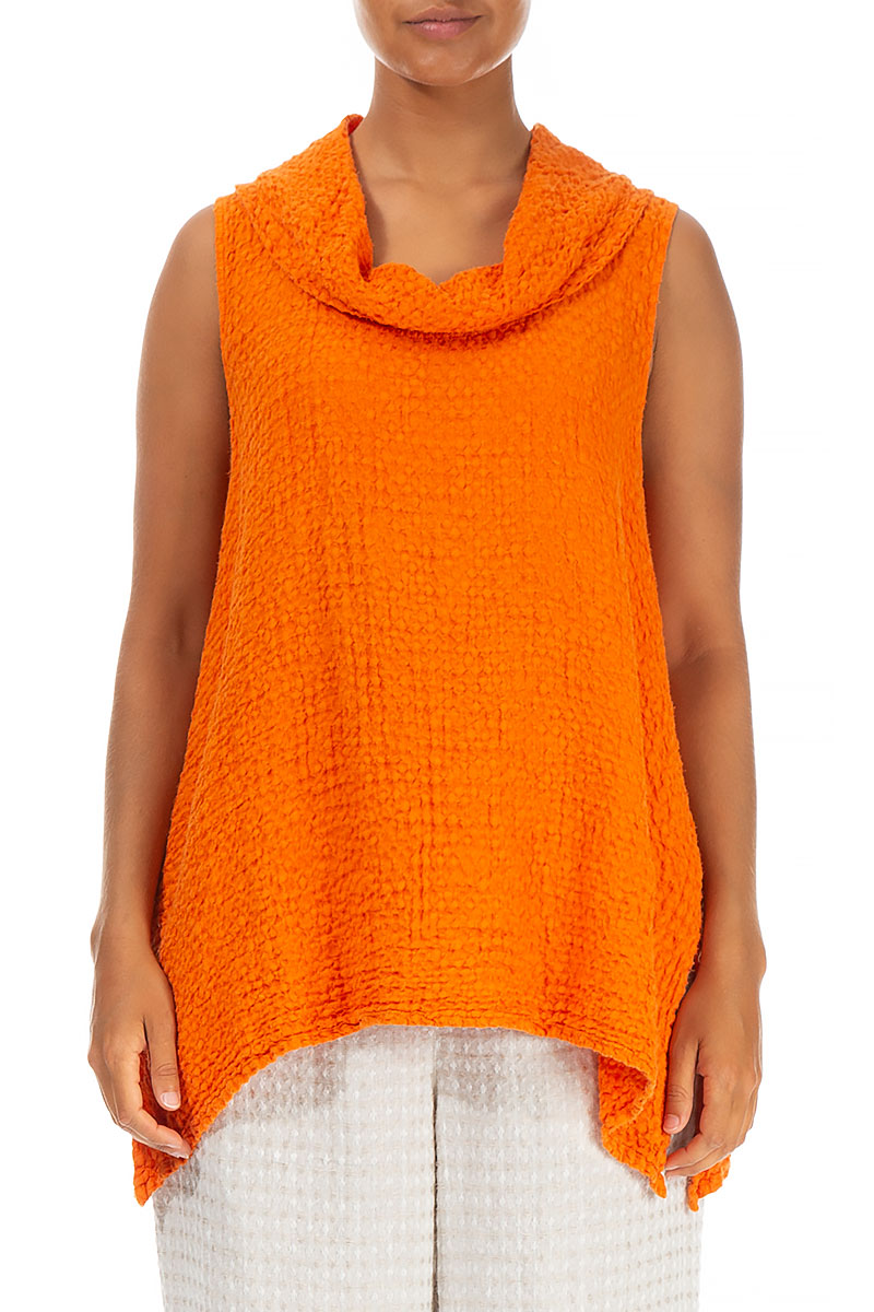 Textured Cowl Neck Sleeveless Neon Orange Linen Tunic