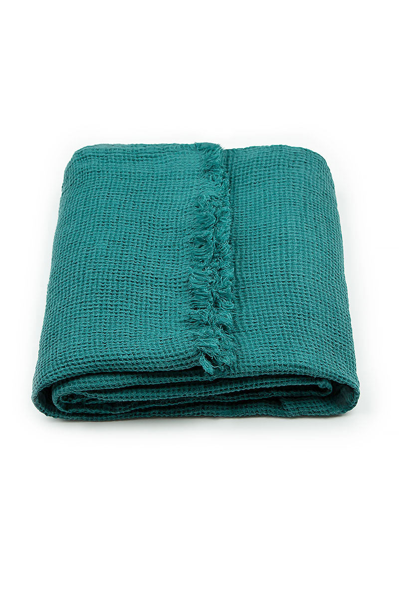 Textured Fringed Turquoise Soft Linen Blanket
