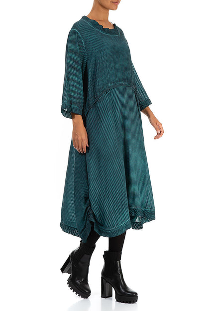 Textured Washed Effect Teal Silk Dress