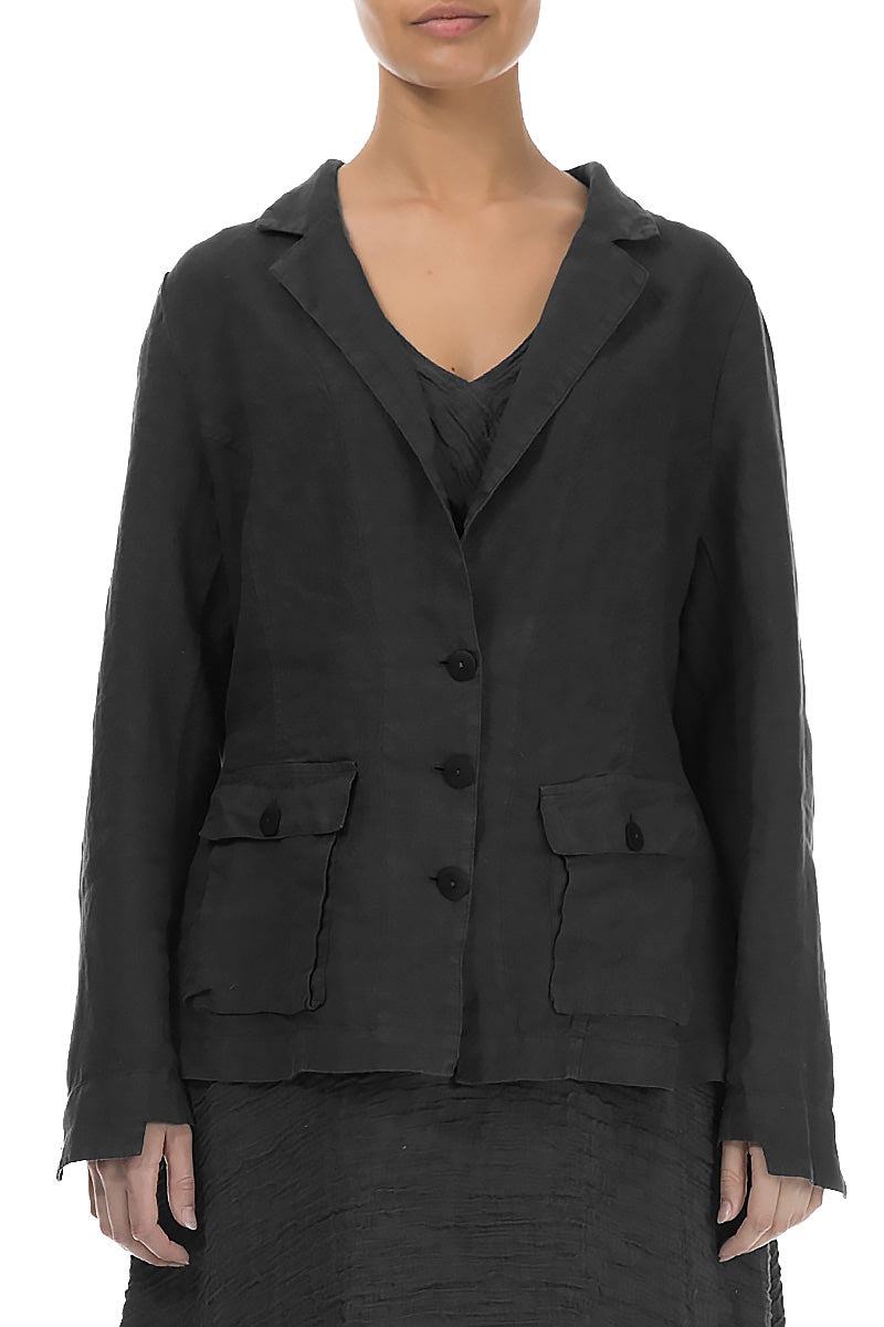 Three Pockets Black Linen Blazer Jacket