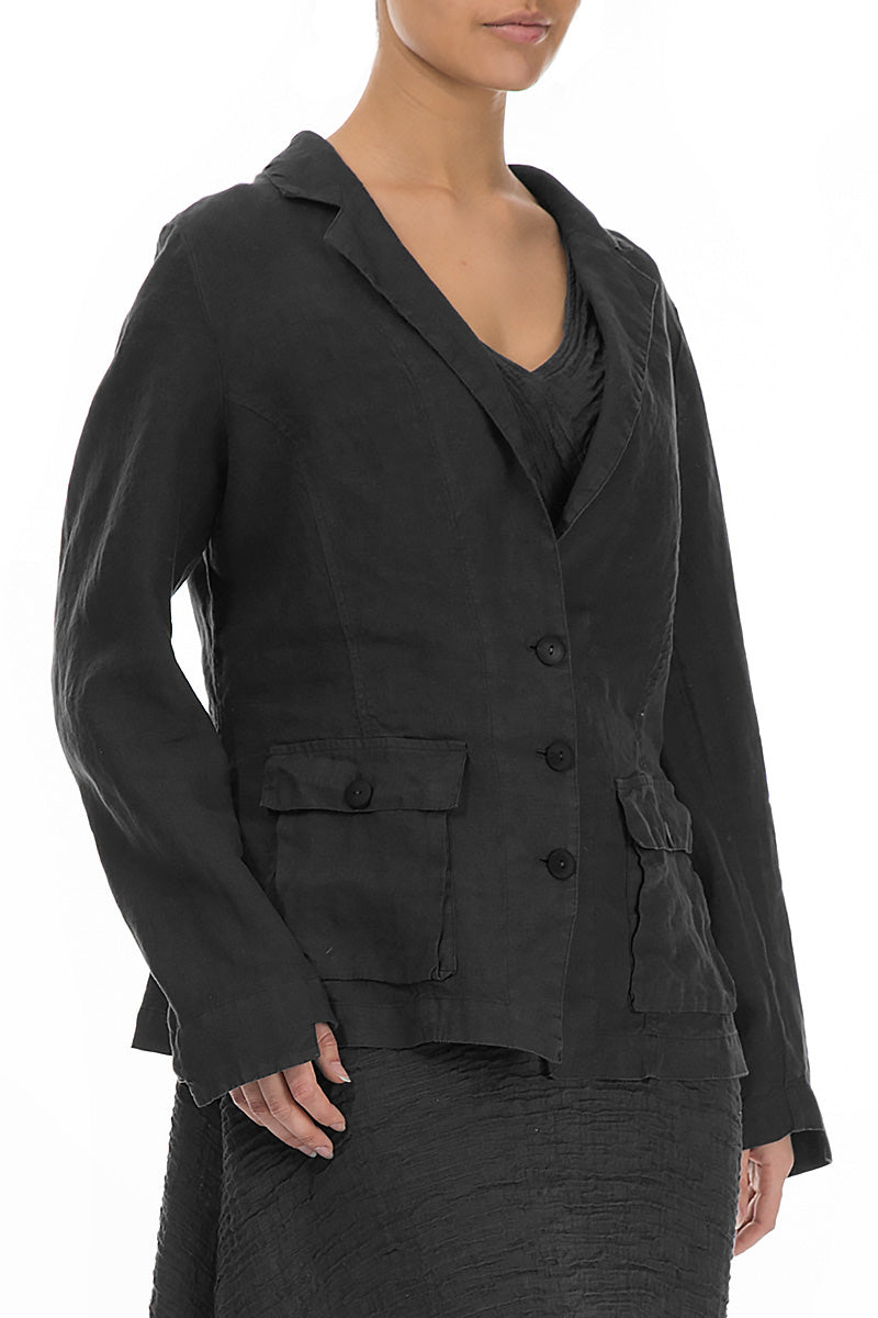 Three Pockets Black Linen Blazer Jacket