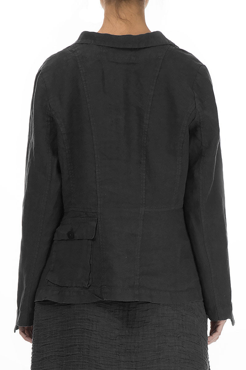Three Pockets Black Linen Blazer Jacket