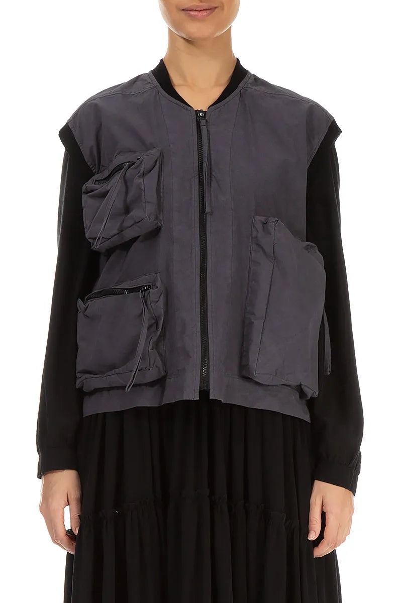 Three Pockets Black Silver Cotton Gilet 2