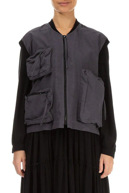 Three Pockets Black Silver Cotton Gilet 2