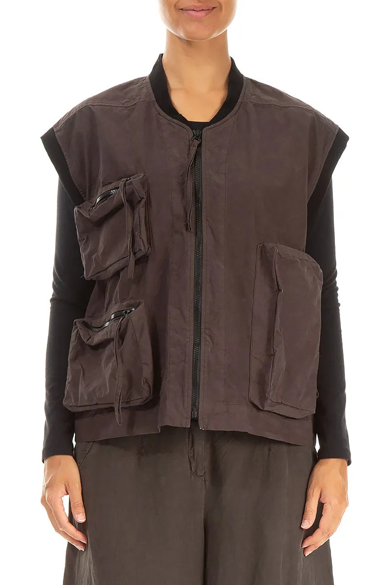 Three Pockets Forest Brown Cotton Gilet 1