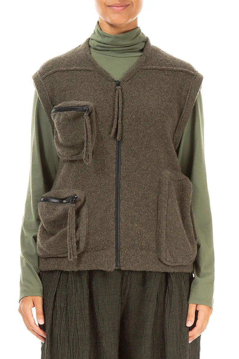 Three Pockets Khaki Wool Gilet 1