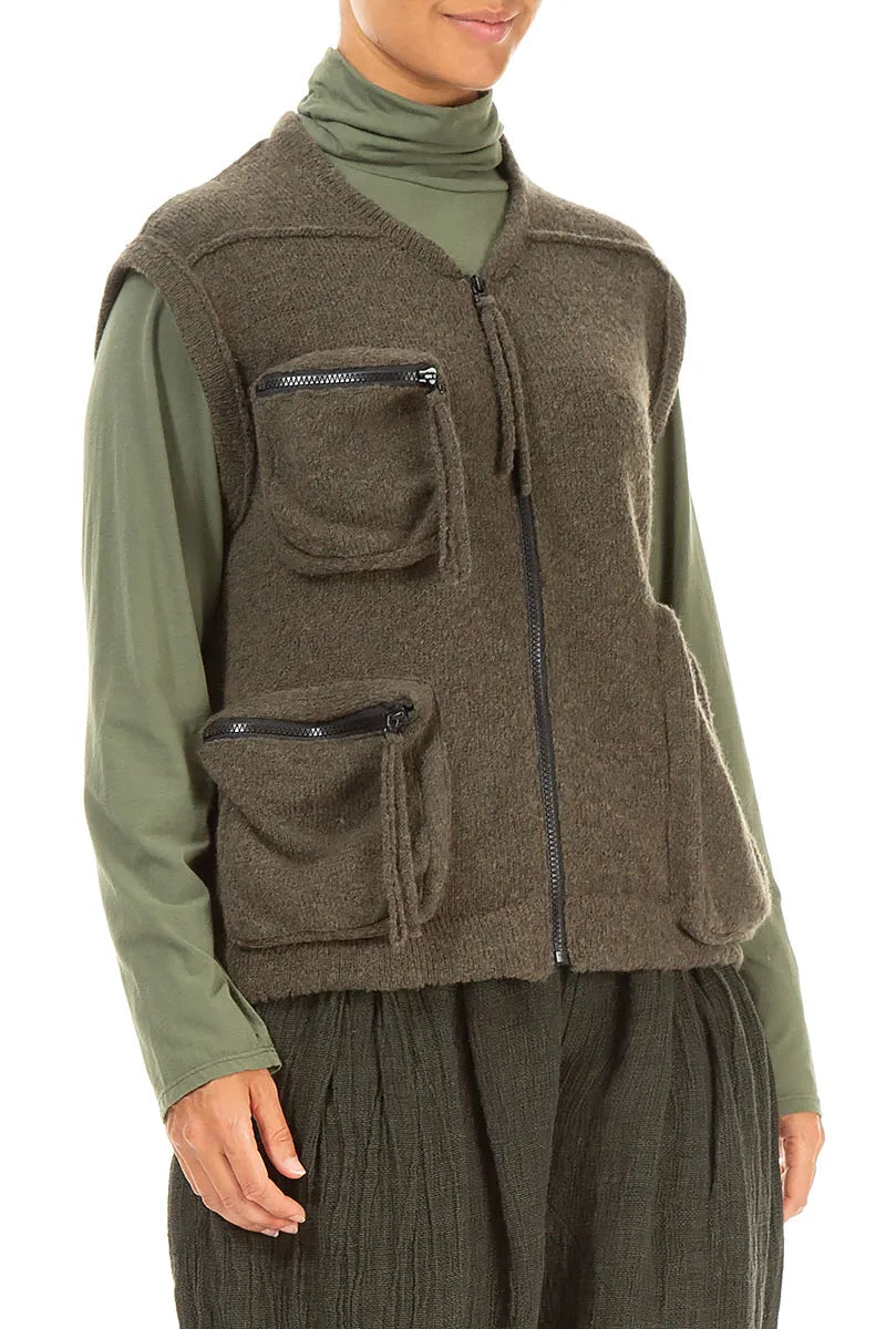 Three Pockets Khaki Wool Gilet 3