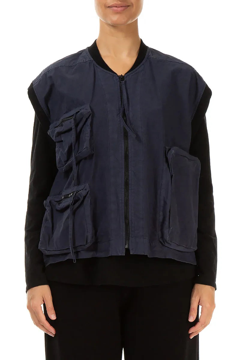 Three Pockets Slate Blue Cotton Gilet 1